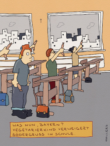 Cartoon: In Bayern sonst Pflicht (medium) by hollers tagged söder,wurst,gruß,schule,vegetarier,kind,verweigerung,bayern,csu,söder,wurst,gruß,schule,vegetarier,kind,verweigerung,bayern,csu
