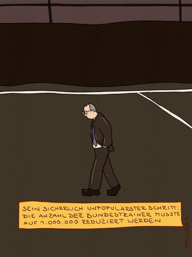 Cartoon: Unpopulärer Schritt (medium) by hollers tagged merz,bundestrainer,fußball,wm,80,millionen,kürzungen,unpopulär,merz,bundestrainer,fußball,wm,80,millionen,kürzungen,unpopulär