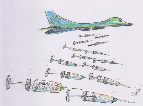 Cartoon: Airstrike (medium) by Erki Evestus tagged vaccine,plane,airdrop,missile,eu