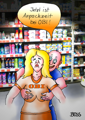 Cartoon: Anpackzeit bei OBI (medium) by besscartoon tagged besscartoon,mann,frau,beziehung,obi,ehe,missbrauch,baumarkt,anpackzeit,kaufen,bess