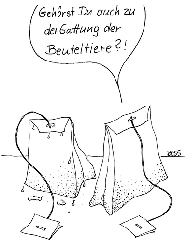 Cartoon: Beuteltiere (medium) by besscartoon tagged essen,trinken,tee,teebeutel,beuteltier,bess,besscartoon