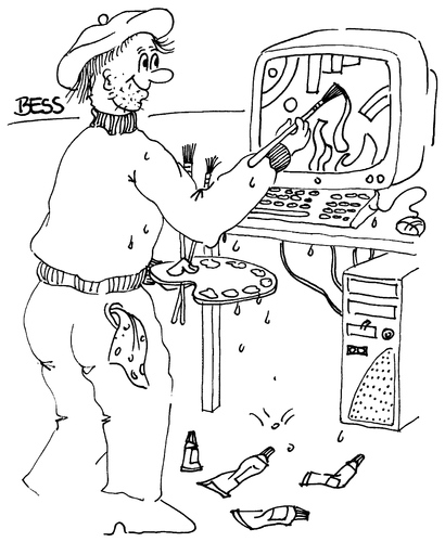 Cartoon: computergestützte Malerei (medium) by besscartoon tagged besscartoon,bess,digital,technik,palette,computer,farbe,kunst,malerei,maler,malen,mann
