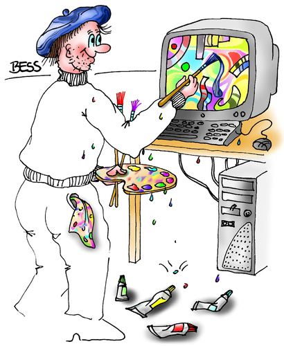 Cartoon: computergestützte Malerei (medium) by besscartoon tagged besscartoon,bess,digital,technik,palette,computer,farbe,kunst,malerei,maler,malen,mann