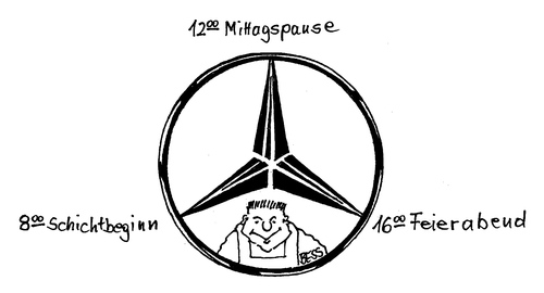 Cartoon: Daimler Logo (medium) by besscartoon tagged daimler,mercedesstern,mann,mercedes,arbeitszeit,bess,besscartoon