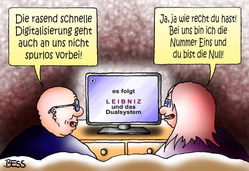 Cartoon: Digitalisierung (medium) by besscartoon tagged mann,frau,paar,beziehung,ehe,computer,mathematik,digitalisierung,null,eins,dualsystem,leibniz,bess,besscartoon