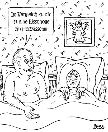 Cartoon: Eisscholle (medium) by besscartoon tagged mann,frau,paar,beziehung,bett,frigide,eisscholle,heizkissen,bess,besscartoon