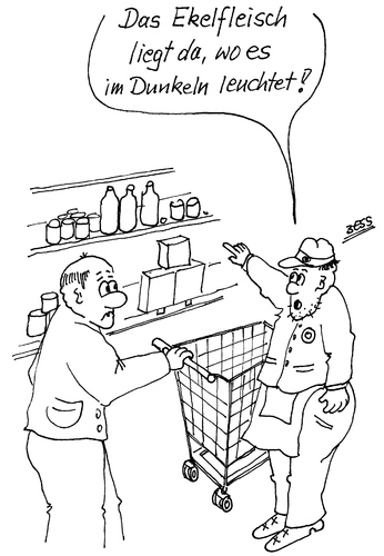 Cartoon: Ekelfleisch (medium) by besscartoon tagged männer,supermarkt,kaufhaus,ekelfleich,fleisch,verkäufer,gesundheit,bess,besscartoon