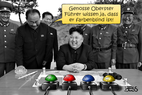 Cartoon: farbenblind (medium) by besscartoon tagged nordkorea,amerika,kim,jong,un,krieg,frieden,langstreckenrakete,atomare,bedrohung,raketentest,wasserstoffbombe,gewalt,atombombe,roter,knopf,farbenblind,oberster,führer,politik,rakete,usa,bess,besscartoon