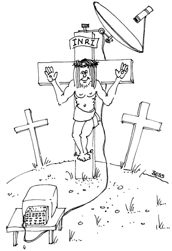 Cartoon: Fernsehvergnügen (medium) by besscartoon tagged religion,kirche,katholisch,jesus,kreuz,tv,fernsehen,satellitenschüssel,bess,besscartoon