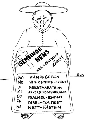 Cartoon: Gemeinde News (medium) by besscartoon tagged kirche,christentum,katholisch,pfarrer,religion,gemeinde,beten,bibel,fasten,beichten,bess,besscartoon