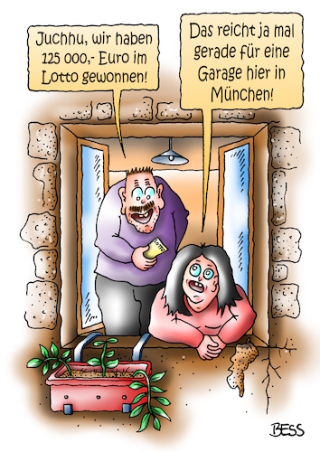 Cartoon: Glück gehabt (medium) by besscartoon tagged paar,ehe,beziehung,immobilien,münchen,lotto,euro,lottogewinn,garage,glück,geld,preiswucher,bess,besscartoon