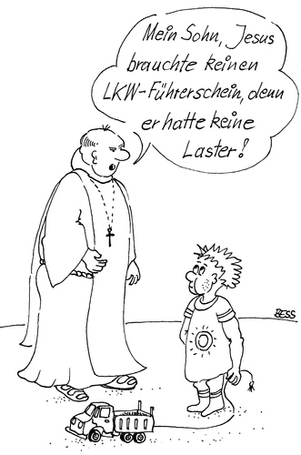 Cartoon: Laster (medium) by besscartoon tagged religion,christentum,kirche,jesus,pfarrer,katholisch,laster,führerschein,bess,besscartoon