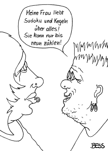 Cartoon: Matheschwäche (medium) by besscartoon tagged dyskalkulie,matheschwäche,mann,frau,paar,intelligenz,rechnen,zahlen,sudoku,kegeln,adam,riese,zählen,neun,bess,besscartoon