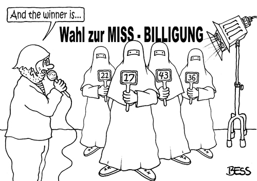 Cartoon: Miss-Billigung (medium) by besscartoon tagged the,winner,is,missbilligung,misswahl,frauen,burka,islam,integration,emanzipation,flüchtlinge,religion,toleranz,bess,besscartoon