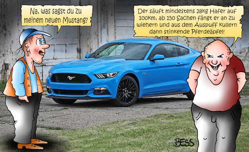 Cartoon: Mustang (medium) by besscartoon tagged ford,mustang,auto,automobil,usa,amischlitten,verkehr,hafer,wiehern,auspuff,pferdeäpfel,bess,besscartoon