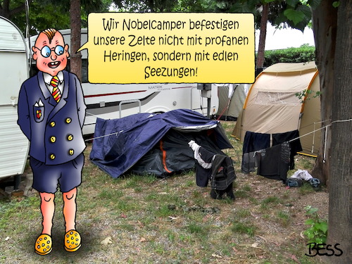 Cartoon: Nobelcamper (medium) by besscartoon tagged camping,urlaub,nobelcamping,heringe,seezungen,frofan,nobel,sommer,zelt,zelten,ferien,snob,bess,besscartoon