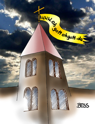 Cartoon: Oh Gott oh Gott (medium) by besscartoon tagged kirche,religion,christentum,katholisch,gemeinde,kreuz,internet,gott,bess,besscartoon,oh