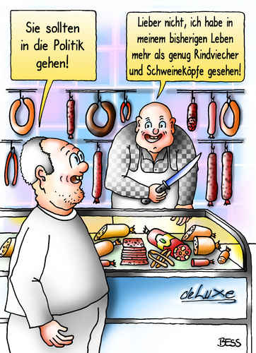 Cartoon: Rindviecher und Schweineköpfe (medium) by besscartoon tagged männer,mezger,fleischer,wurst,parteien,politik,schweineköpfe,rindviecher,bess,besscartoon