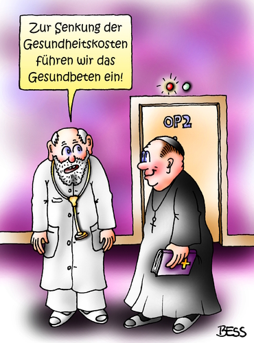 Cartoon: Senkung der Gesundheitskosten (medium) by besscartoon tagged arzt,medizin,kirche,katholisch,evangelisch,beten,krank,gesund,krankenhaus,senkung,gesundheitskosten,bess,besscartoon