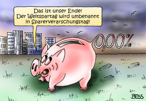 Cartoon: Sparerverarschungstag (medium) by besscartoon tagged weltspartag,sparerverarschungstag,finanzen,zinspolitik,sparschwein,geld,zinsen,sparen,banken,ezb,mario,draghi,bess,besscartoon