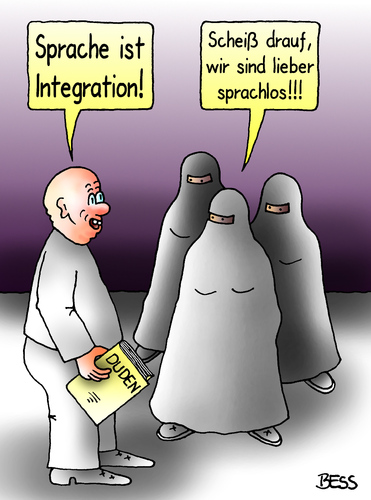 Cartoon: Sprache ist Integration (medium) by besscartoon tagged sprache,integration,migration,deutsch,deutschland,sprachlos,burka,duden,bess,besscartoon