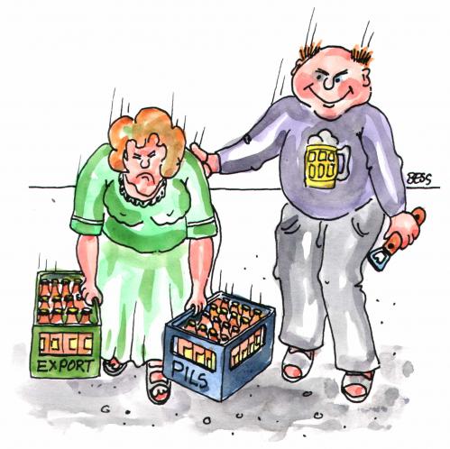 Cartoon: Titel über-flüssig (medium) by besscartoon tagged alkohol,paar,beziehung,bier,mann,frau,trinken,saufen,arbeit,frauenarbeit,bess,besscartoon