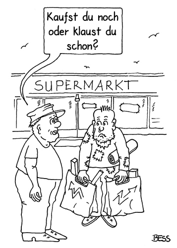 Cartoon: Überlebensfrage (medium) by besscartoon tagged supermarkt,kaufen,konsum,klauen,diebstahl,armut,männer,bess,besscartoon