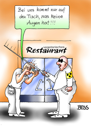 Cartoon: vegetarisches Restaurant (medium) by besscartoon tagged restaurant,blind,kellner,vegetarisch,augen,essen,trinken,gastronomie,blindheit,bess,besscartoon