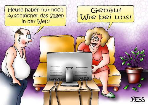 Cartoon: Weltlage (medium) by besscartoon tagged mann,frau,paar,beziehung,ehe,arschlöcher,weisheit,welt,politische,lage,bess,besscartoon