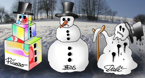 Cartoon: Winter Wonderland (medium) by besscartoon tagged schnee,schneemann,kunst,kunstgeschichte,picasso,pablo,salvatore,dali,landschaft,winter,künstler,bess,besscartoon
