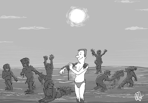 Cartoon: Lichtschutzfaktor 2000 (medium) by olisch tagged ölpest,bp,sonne,sonnencreme,umweltverschmutzung,klima,lichtschutzfaktor,urlaub,meer,wasser,olisch