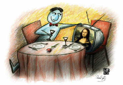Cartoon: TV and Culture (medium) by Osama Salti tagged tv,monalisa,restaurant,solidity,influence,loneliness,date,culture