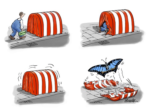 Cartoon: butterfly (medium) by penwill tagged worker,butterfly,roadworks,transformation,transform