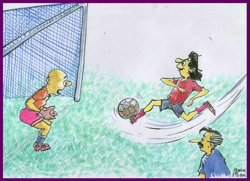 Cartoon: BALL IN LEG (medium) by Aswini-Abani tagged soccer,football,goal,post,keeper,aswini,abani,asabtoons
