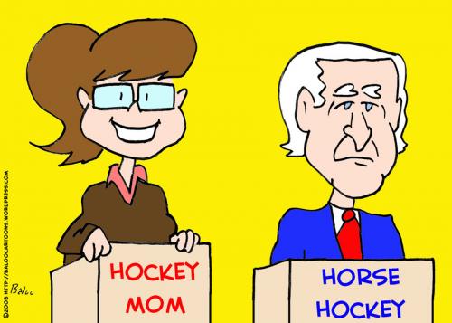 Cartoon: SARAH PALIN JOE BIDEN DEBATE HOC (medium) by rmay tagged sarah,palin,joe,biden,debate,hockey,mom,horse